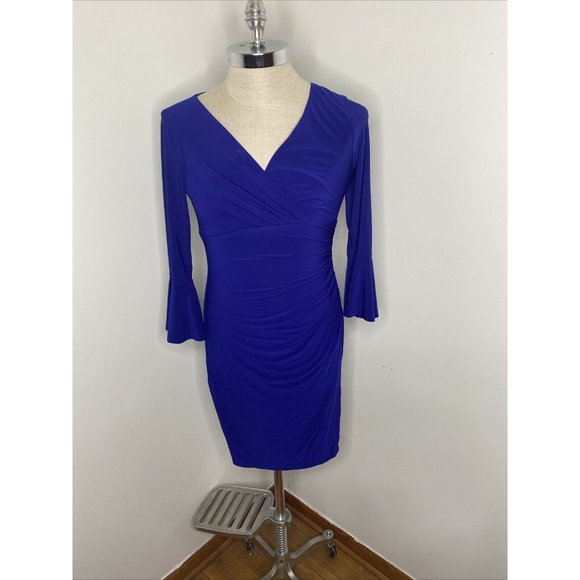 Ralph Lauren Dresses & Skirts - Ralph Lauren Dress Royal Blue 8 Ruched Side V Neck Wiggle Midi 3/4 Ruffle Sleeve